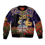 Personalised Melbourne Storm Rugby ANZAC Day Sleeve Zip Bomber Jacket Last Post Poppy We Will Remember Them