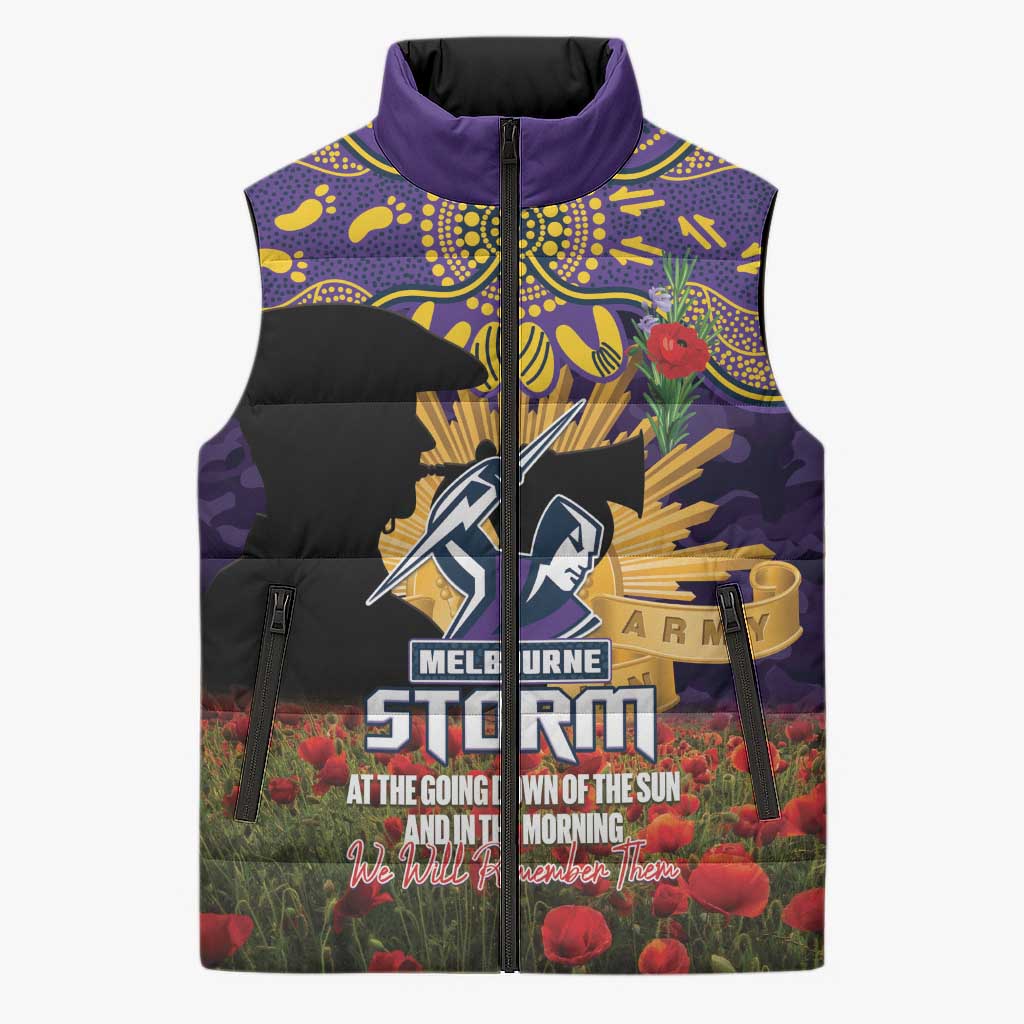Personalised Melbourne Storm Rugby ANZAC Day Sleeveless Puffer Jacket Last Post Poppy We Will Remember Them