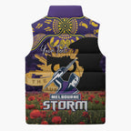 Personalised Melbourne Storm Rugby ANZAC Day Sleeveless Puffer Jacket Last Post Poppy We Will Remember Them
