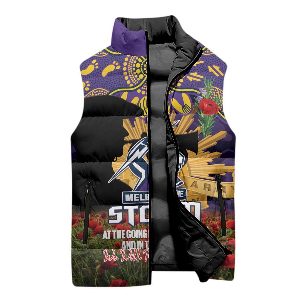 Personalised Melbourne Storm Rugby ANZAC Day Sleeveless Puffer Jacket Last Post Poppy We Will Remember Them