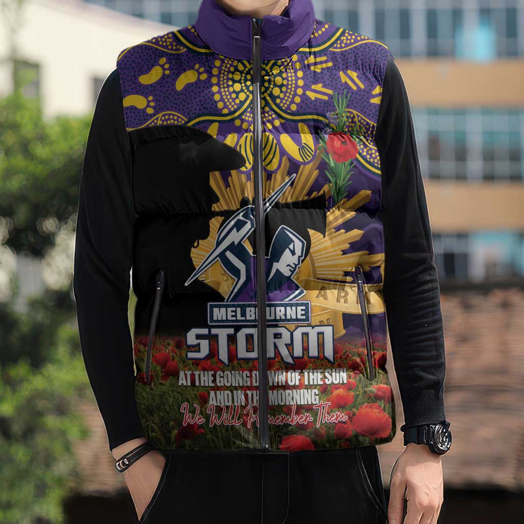 Personalised Melbourne Storm Rugby ANZAC Day Sleeveless Puffer Jacket Last Post Poppy We Will Remember Them
