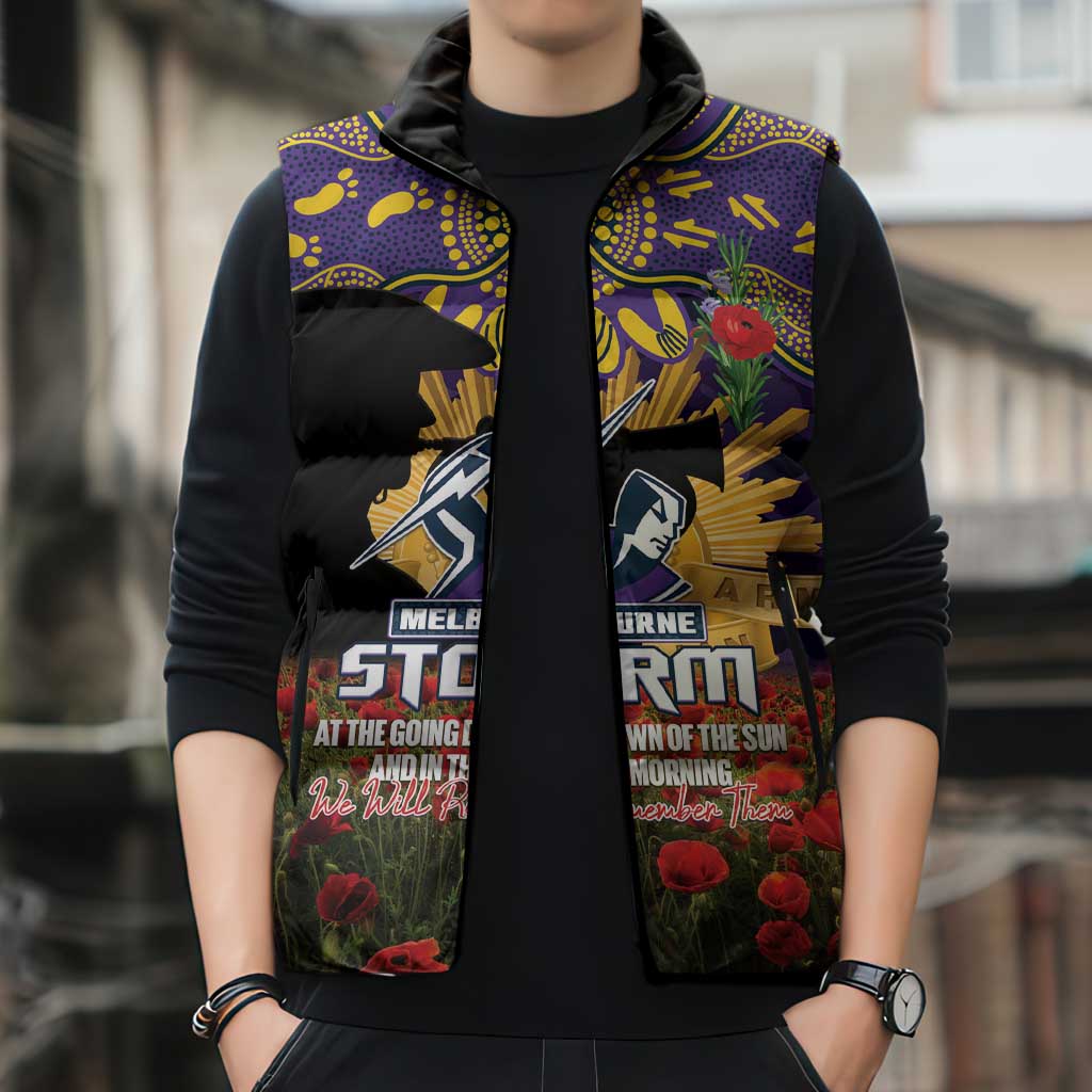 Personalised Melbourne Storm Rugby ANZAC Day Sleeveless Puffer Jacket Last Post Poppy We Will Remember Them