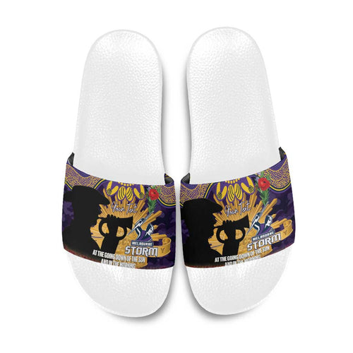 Personalised Melbourne Storm Rugby ANZAC Day Slide Sandals Last Post Poppy We Will Remember Them