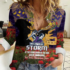 Personalised Melbourne Storm Rugby ANZAC Day Women Casual Shirt Last Post Poppy We Will Remember Them