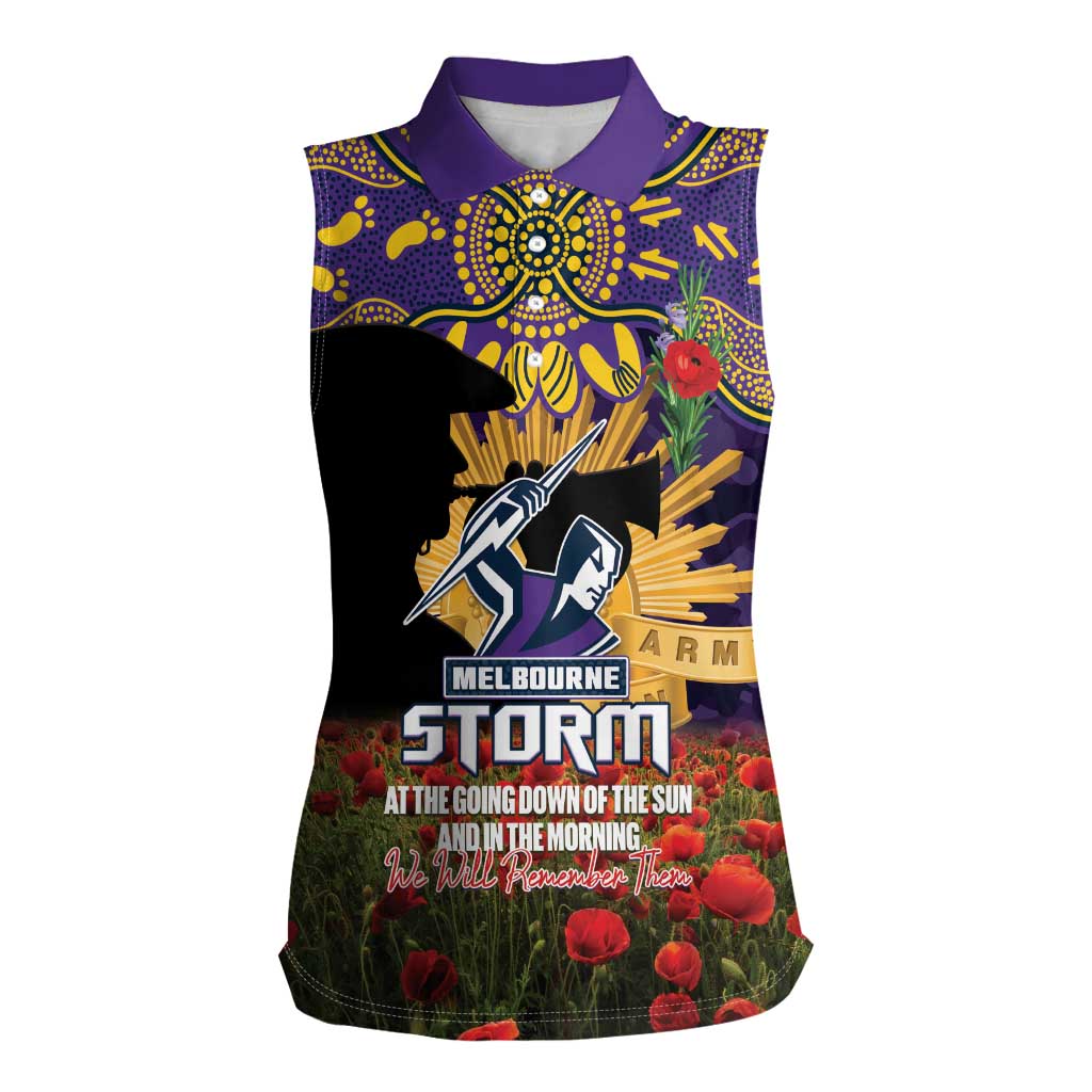 Personalised Melbourne Storm Rugby ANZAC Day Women Sleeveless Polo Shirt Last Post Poppy We Will Remember Them