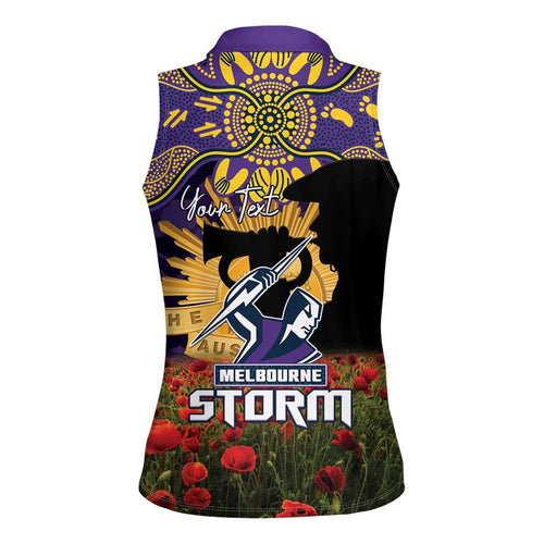 Personalised Melbourne Storm Rugby ANZAC Day Women Sleeveless Polo Shirt Last Post Poppy We Will Remember Them