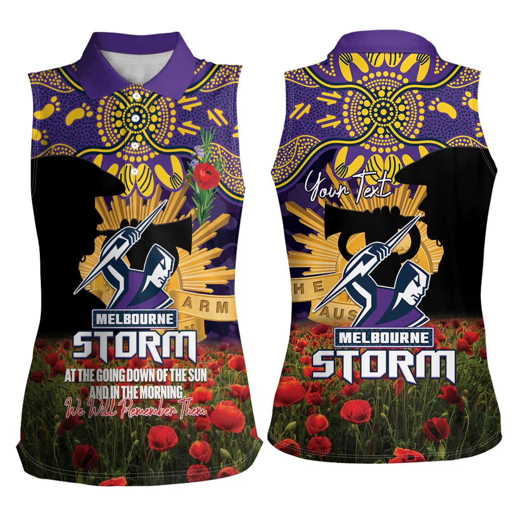 Personalised Melbourne Storm Rugby ANZAC Day Women Sleeveless Polo Shirt Last Post Poppy We Will Remember Them