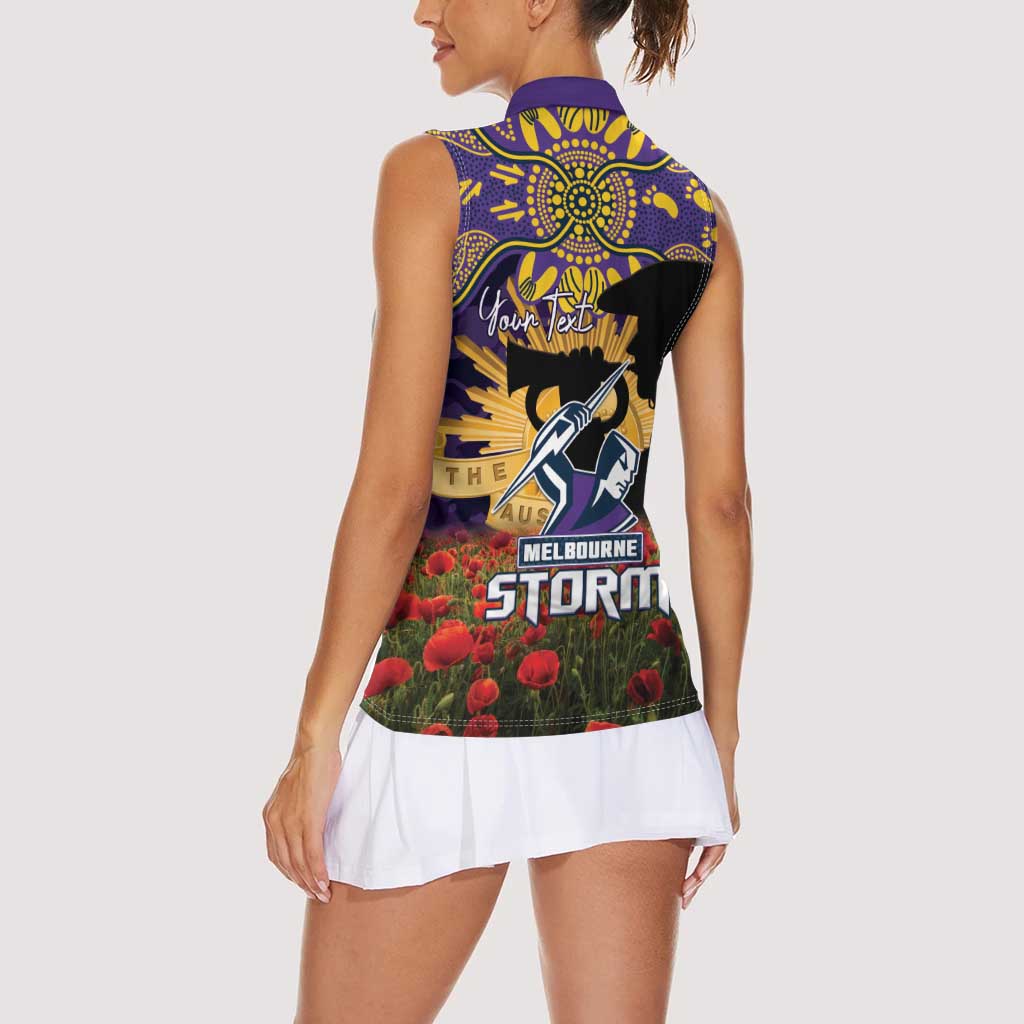 Personalised Melbourne Storm Rugby ANZAC Day Women Sleeveless Polo Shirt Last Post Poppy We Will Remember Them