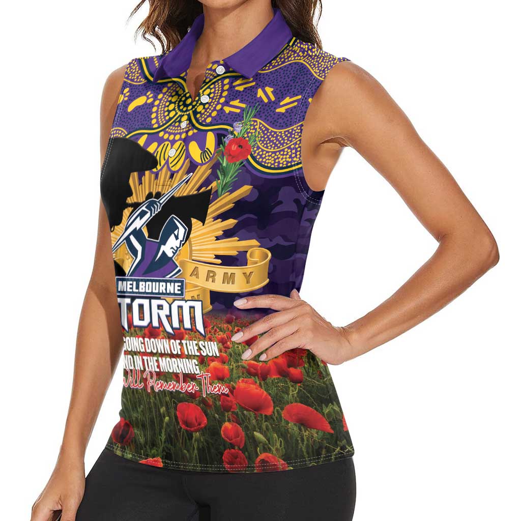 Personalised Melbourne Storm Rugby ANZAC Day Women Sleeveless Polo Shirt Last Post Poppy We Will Remember Them