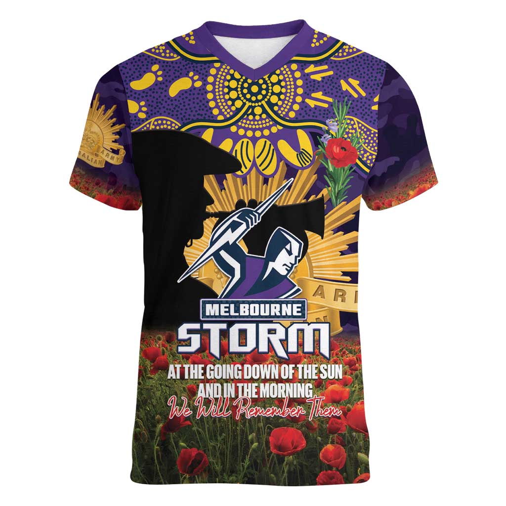 Personalised Melbourne Storm Rugby ANZAC Day Women V-Neck T-Shirt Last Post Poppy We Will Remember Them