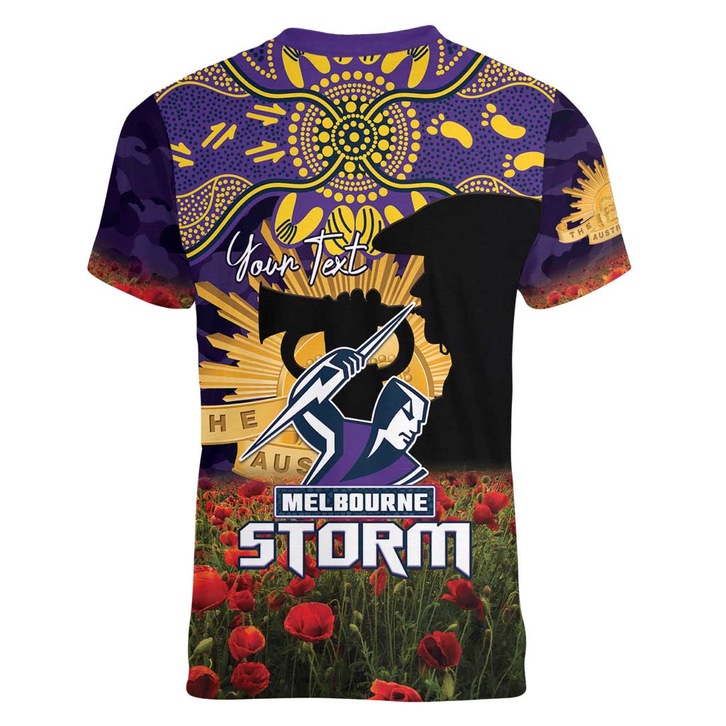 Personalised Melbourne Storm Rugby ANZAC Day Women V-Neck T-Shirt Last Post Poppy We Will Remember Them