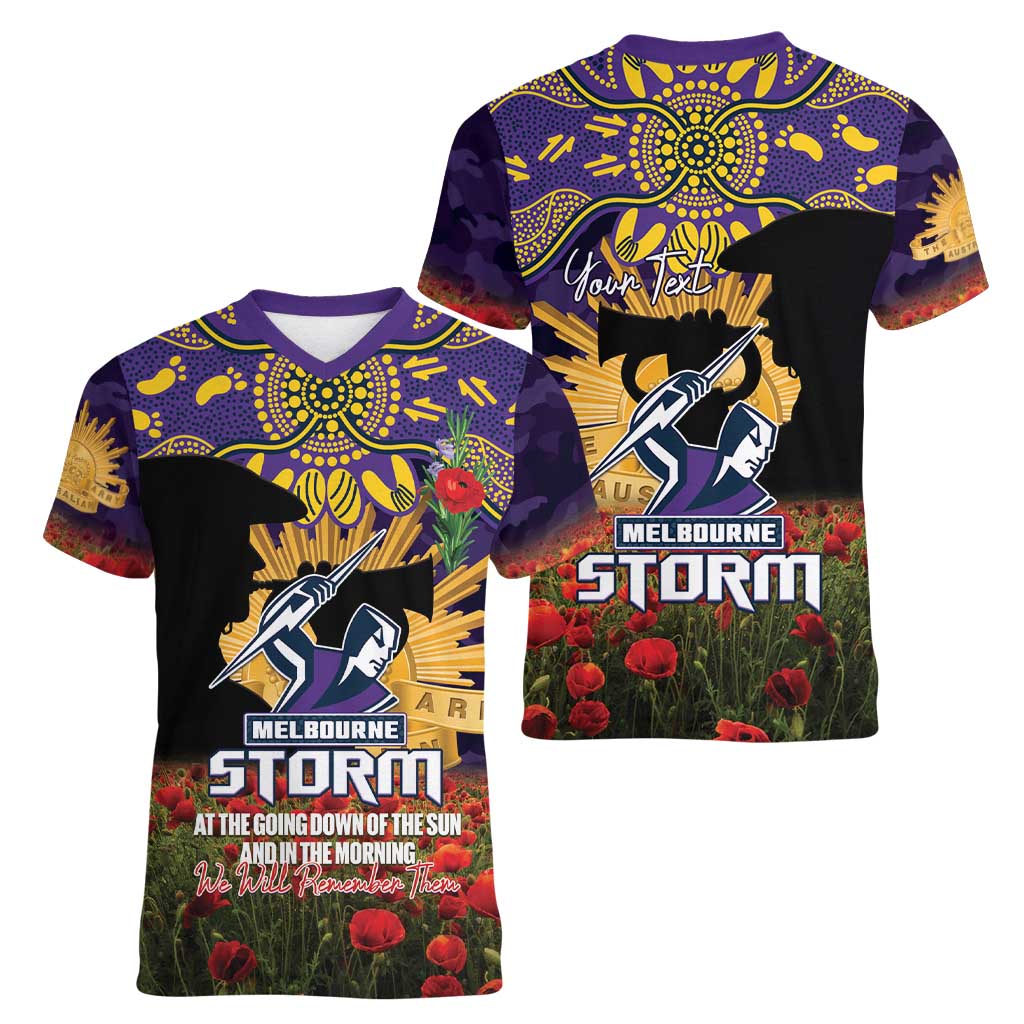 Personalised Melbourne Storm Rugby ANZAC Day Women V-Neck T-Shirt Last Post Poppy We Will Remember Them