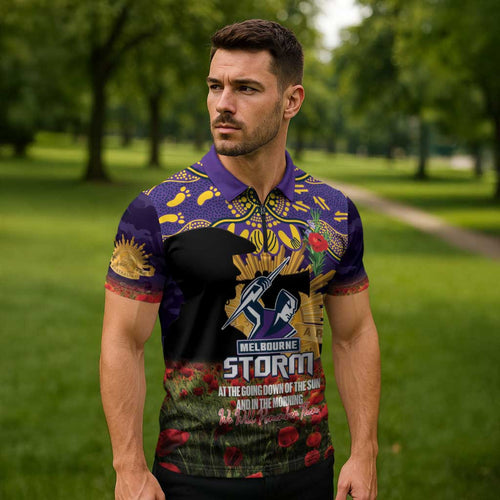 Personalised Melbourne Storm Rugby ANZAC Day Zipper Polo Shirt Last Post Poppy We Will Remember Them
