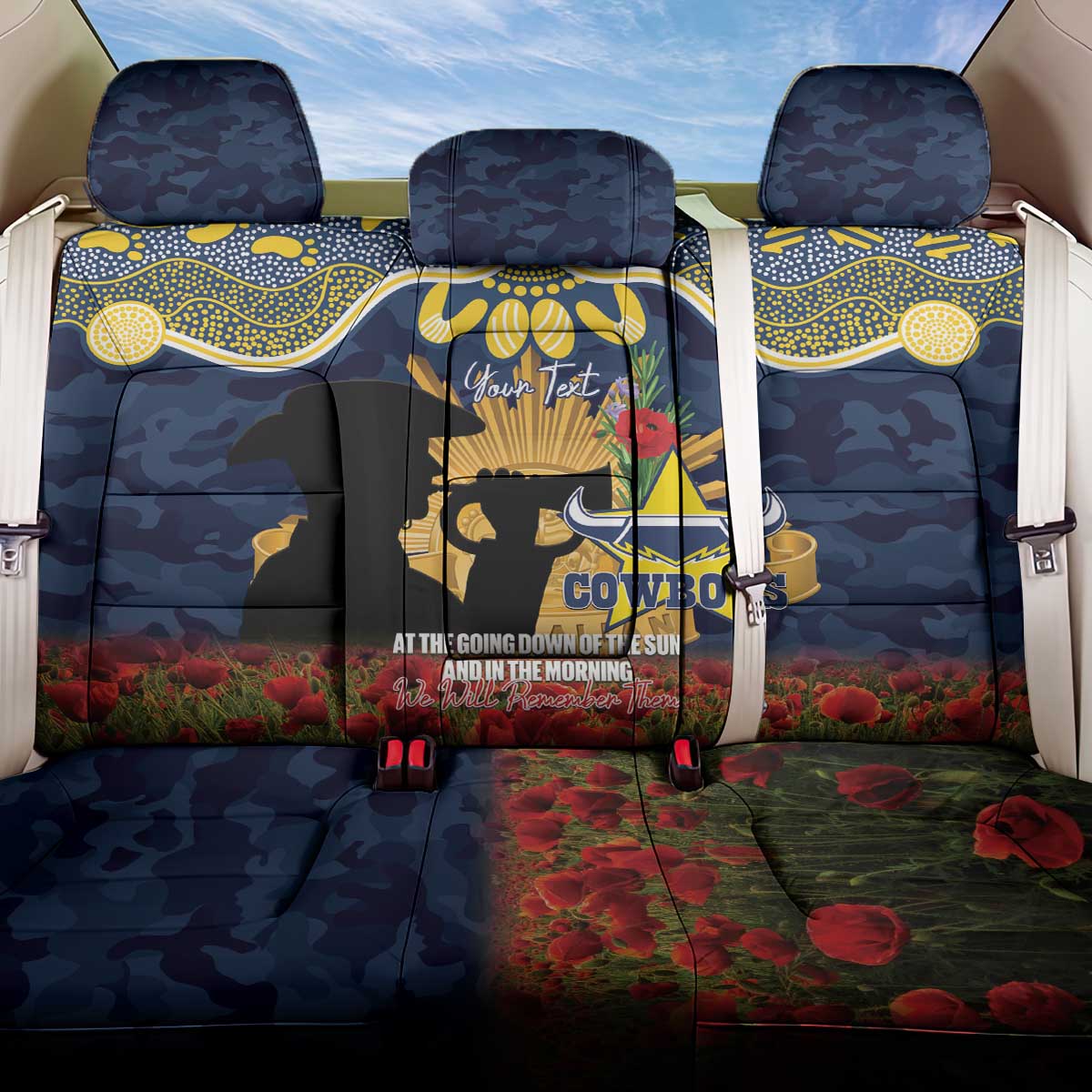 Personalised Cowboys Rugby ANZAC Day Back Car Seat Cover Last Post Poppy We Will Remember Them