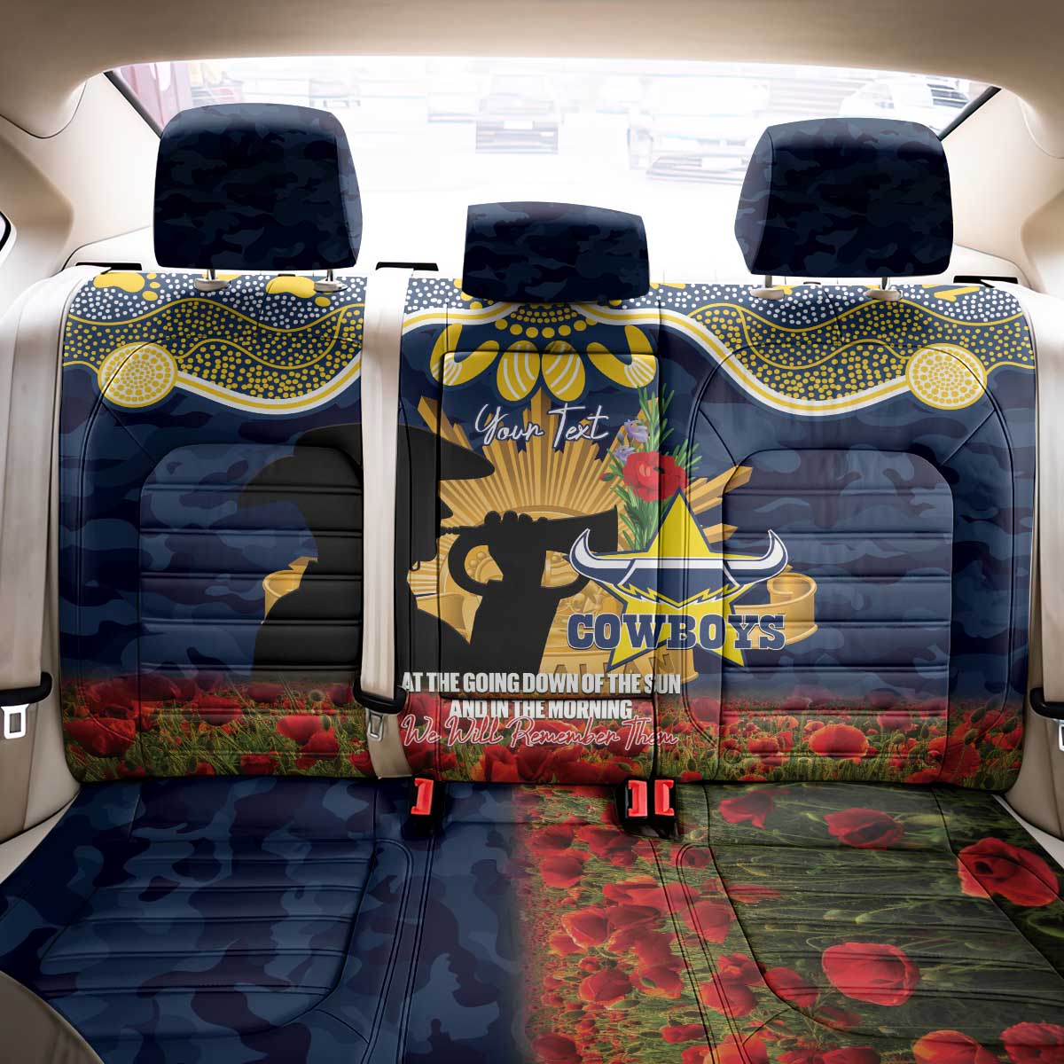 Personalised Cowboys Rugby ANZAC Day Back Car Seat Cover Last Post Poppy We Will Remember Them