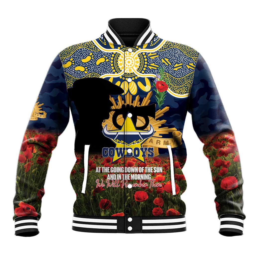 Personalised Cowboys Rugby ANZAC Day Baseball Jacket Last Post Poppy We Will Remember Them