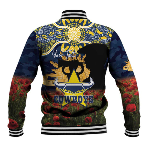 Personalised Cowboys Rugby ANZAC Day Baseball Jacket Last Post Poppy We Will Remember Them