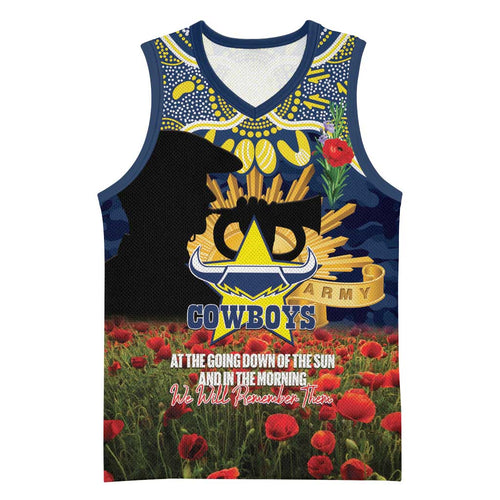 Personalised Cowboys Rugby ANZAC Day Basketball Jersey Last Post Poppy We Will Remember Them