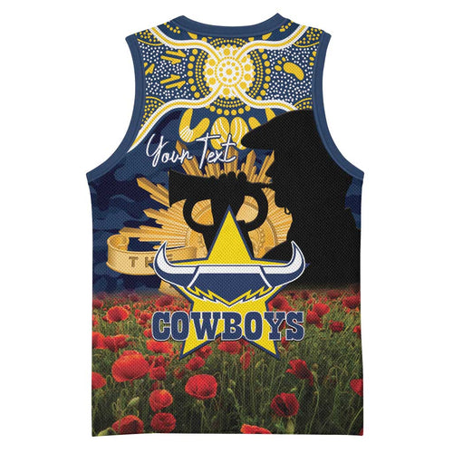 Personalised Cowboys Rugby ANZAC Day Basketball Jersey Last Post Poppy We Will Remember Them