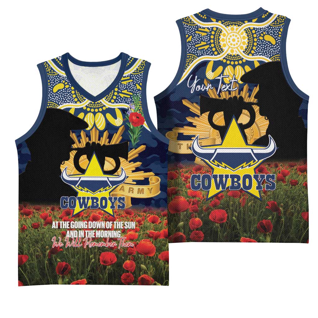 Personalised Cowboys Rugby ANZAC Day Basketball Jersey Last Post Poppy We Will Remember Them