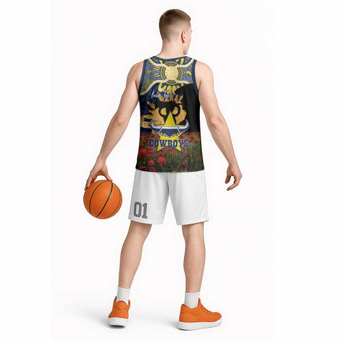 Personalised Cowboys Rugby ANZAC Day Basketball Jersey Last Post Poppy We Will Remember Them