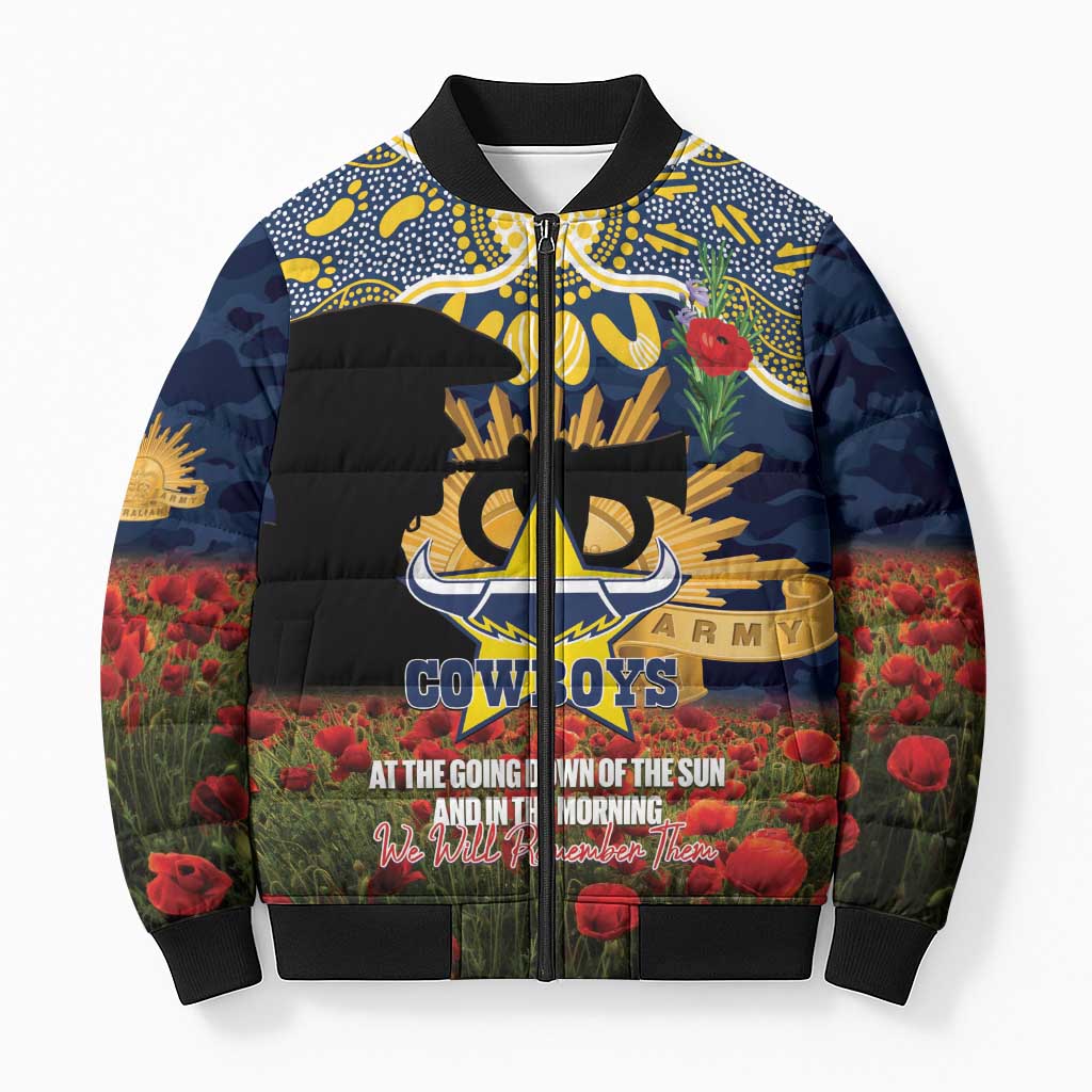 Personalised Cowboys Rugby ANZAC Day Bomber Puffer Jacket Last Post Poppy We Will Remember Them