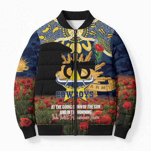 Personalised Cowboys Rugby ANZAC Day Bomber Puffer Jacket Last Post Poppy We Will Remember Them
