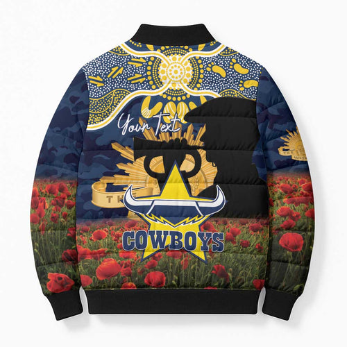 Personalised Cowboys Rugby ANZAC Day Bomber Puffer Jacket Last Post Poppy We Will Remember Them