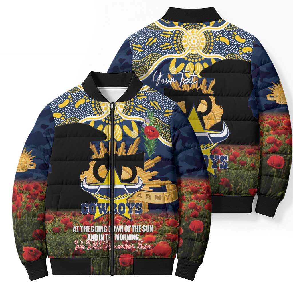 Personalised Cowboys Rugby ANZAC Day Bomber Puffer Jacket Last Post Poppy We Will Remember Them