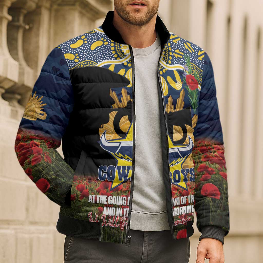 Personalised Cowboys Rugby ANZAC Day Bomber Puffer Jacket Last Post Poppy We Will Remember Them