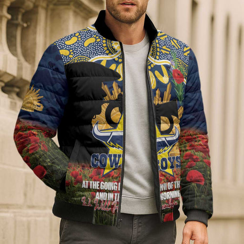 Personalised Cowboys Rugby ANZAC Day Bomber Puffer Jacket Last Post Poppy We Will Remember Them