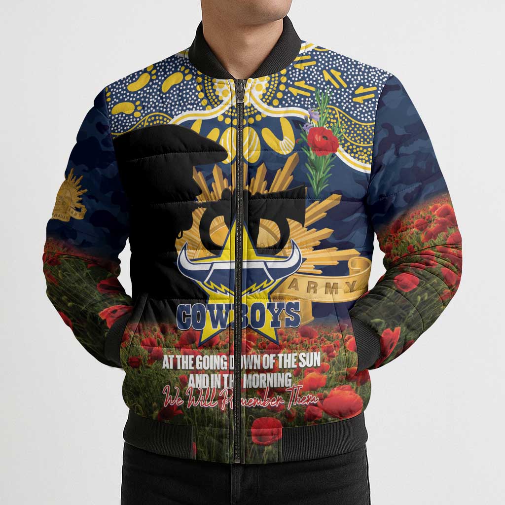 Personalised Cowboys Rugby ANZAC Day Bomber Puffer Jacket Last Post Poppy We Will Remember Them