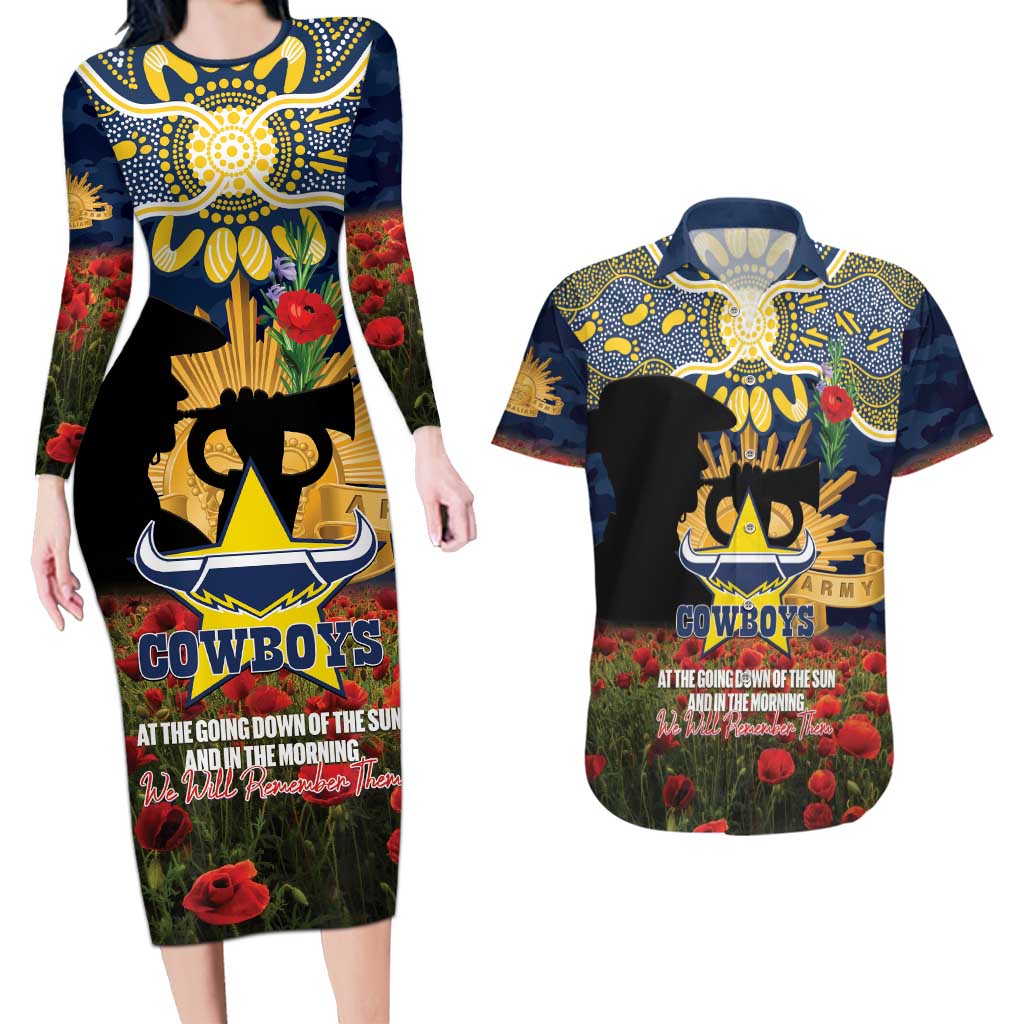 Personalised Cowboys Rugby ANZAC Day Couples Matching Long Sleeve Bodycon Dress and Hawaiian Shirt Last Post Poppy We Will Remember Them