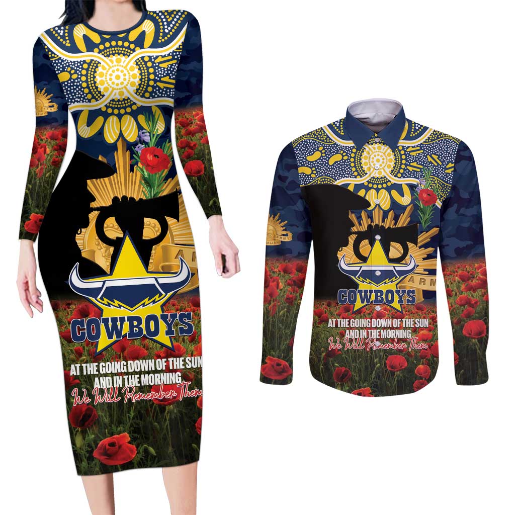 Personalised Cowboys Rugby ANZAC Day Couples Matching Long Sleeve Bodycon Dress and Long Sleeve Button Shirt Last Post Poppy We Will Remember Them