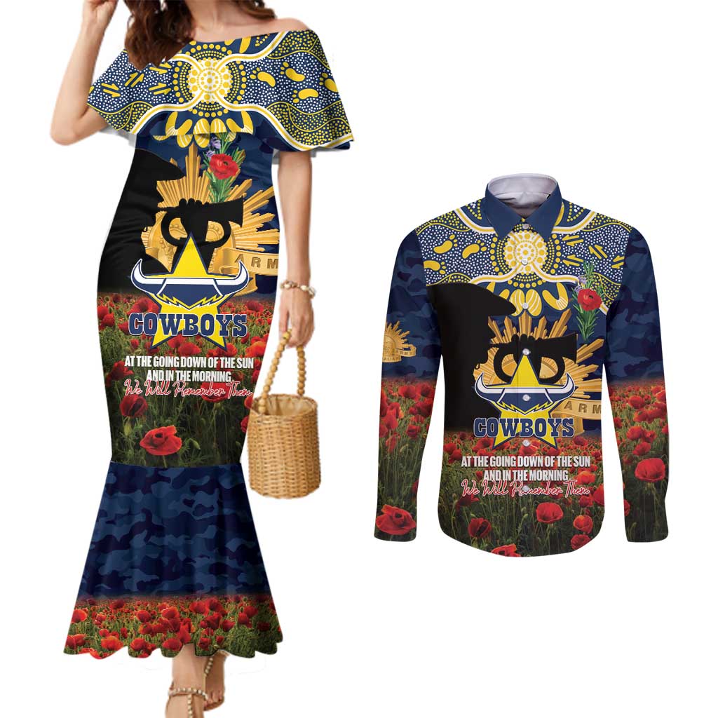 Personalised Cowboys Rugby ANZAC Day Couples Matching Mermaid Dress and Long Sleeve Button Shirt Last Post Poppy We Will Remember Them