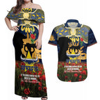 Personalised Cowboys Rugby ANZAC Day Couples Matching Off Shoulder Maxi Dress and Hawaiian Shirt Last Post Poppy We Will Remember Them