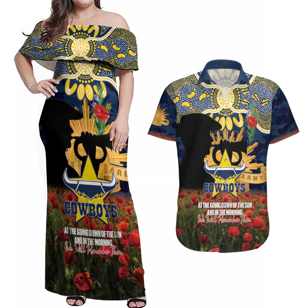 Personalised Cowboys Rugby ANZAC Day Couples Matching Off Shoulder Maxi Dress and Hawaiian Shirt Last Post Poppy We Will Remember Them