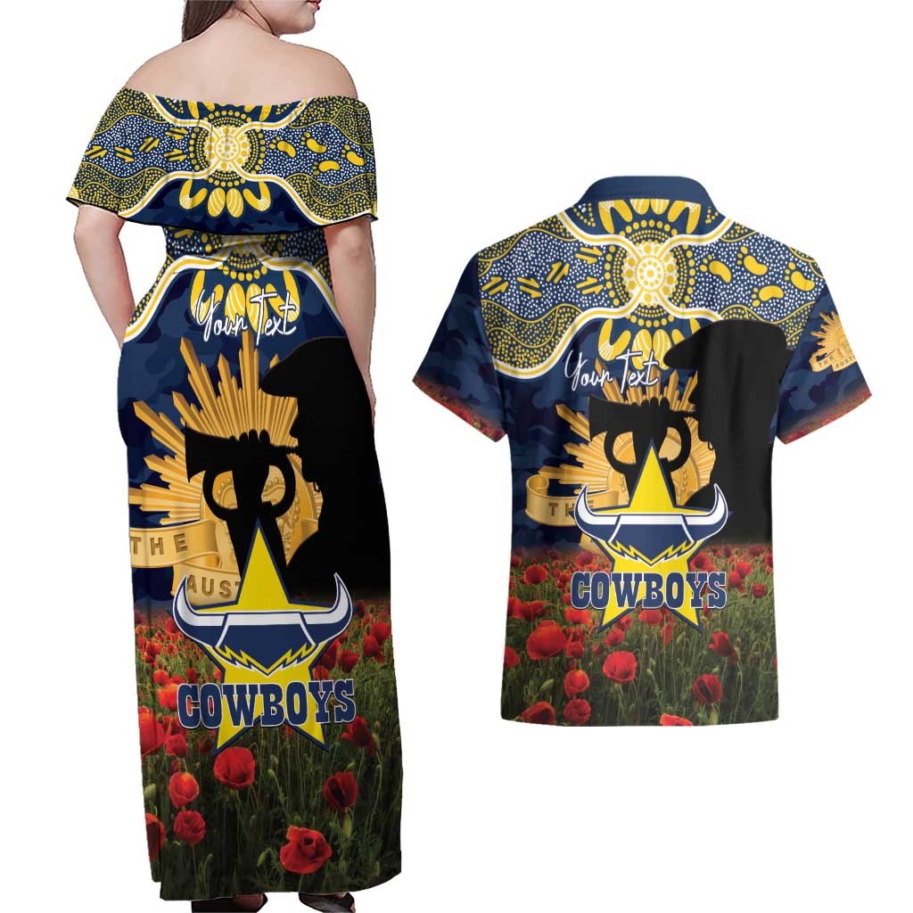Personalised Cowboys Rugby ANZAC Day Couples Matching Off Shoulder Maxi Dress and Hawaiian Shirt Last Post Poppy We Will Remember Them