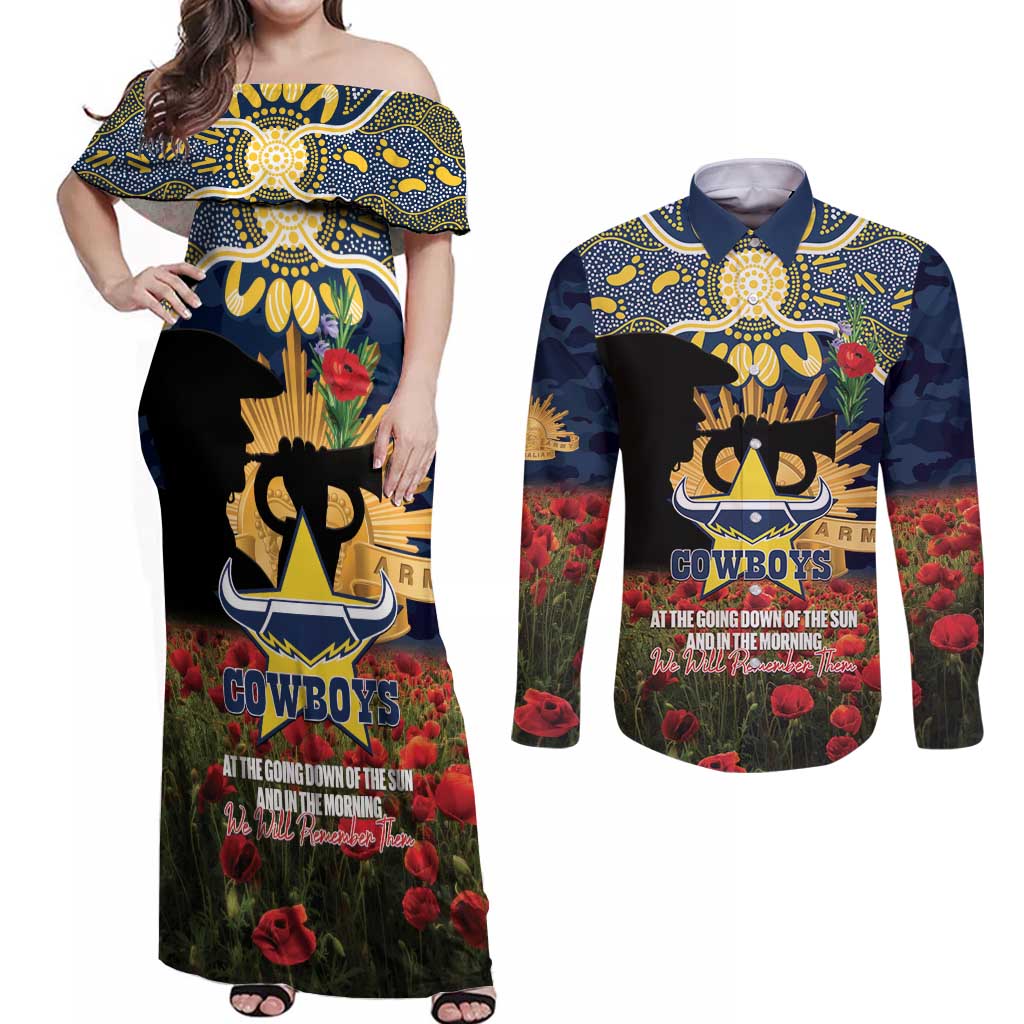 Personalised Cowboys Rugby ANZAC Day Couples Matching Off Shoulder Maxi Dress and Long Sleeve Button Shirt Last Post Poppy We Will Remember Them