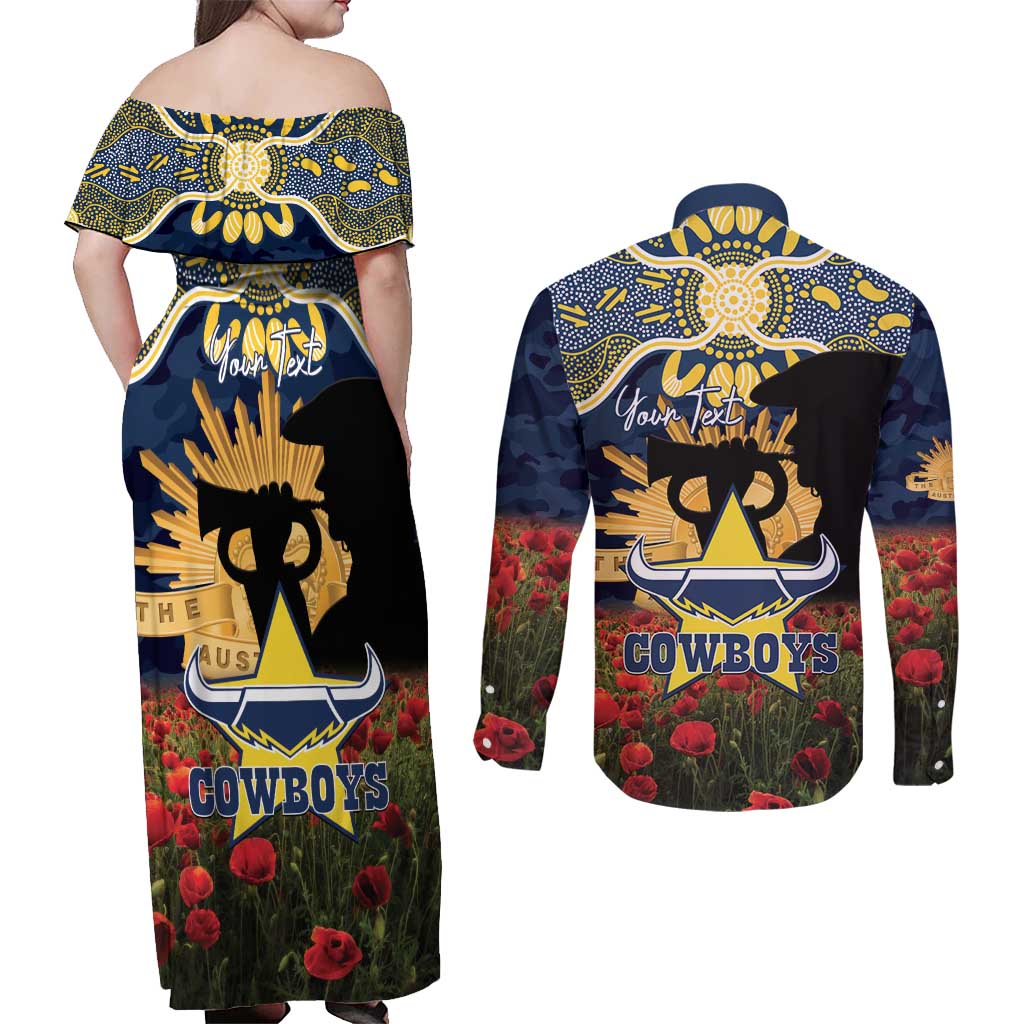 Personalised Cowboys Rugby ANZAC Day Couples Matching Off Shoulder Maxi Dress and Long Sleeve Button Shirt Last Post Poppy We Will Remember Them