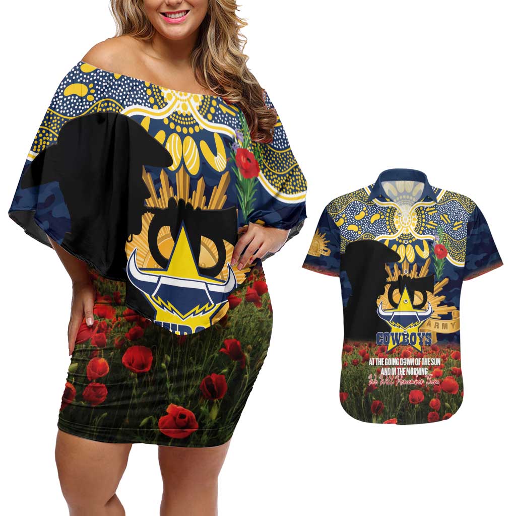 Personalised Cowboys Rugby ANZAC Day Couples Matching Off Shoulder Short Dress and Hawaiian Shirt Last Post Poppy We Will Remember Them