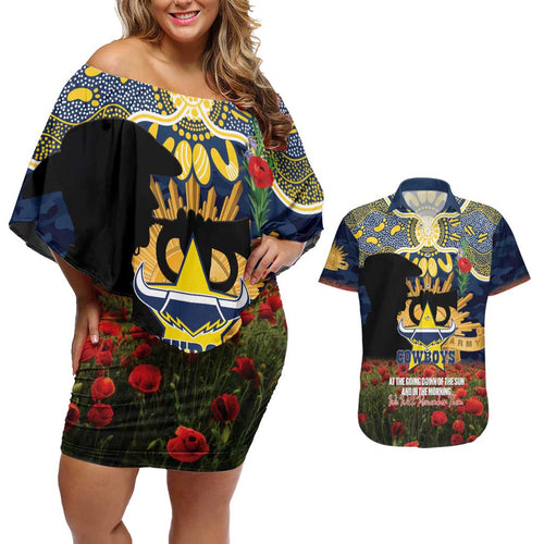 Personalised Cowboys Rugby ANZAC Day Couples Matching Off Shoulder Short Dress and Hawaiian Shirt Last Post Poppy We Will Remember Them