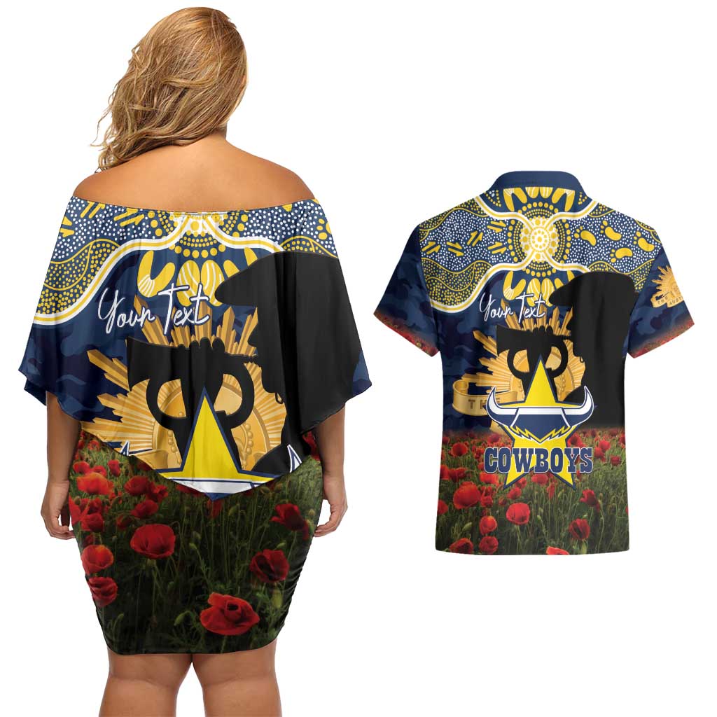 Personalised Cowboys Rugby ANZAC Day Couples Matching Off Shoulder Short Dress and Hawaiian Shirt Last Post Poppy We Will Remember Them