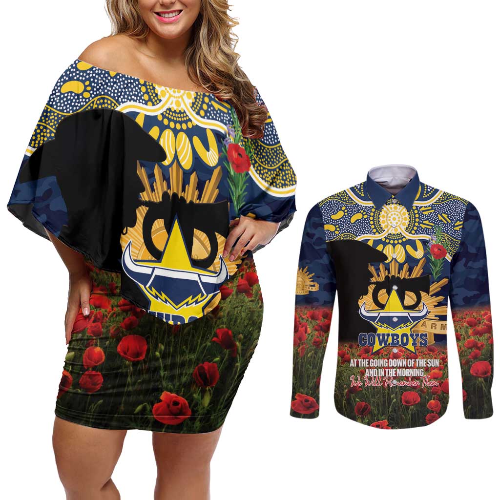 Personalised Cowboys Rugby ANZAC Day Couples Matching Off Shoulder Short Dress and Long Sleeve Button Shirt Last Post Poppy We Will Remember Them