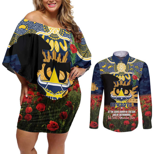 Personalised Cowboys Rugby ANZAC Day Couples Matching Off Shoulder Short Dress and Long Sleeve Button Shirt Last Post Poppy We Will Remember Them