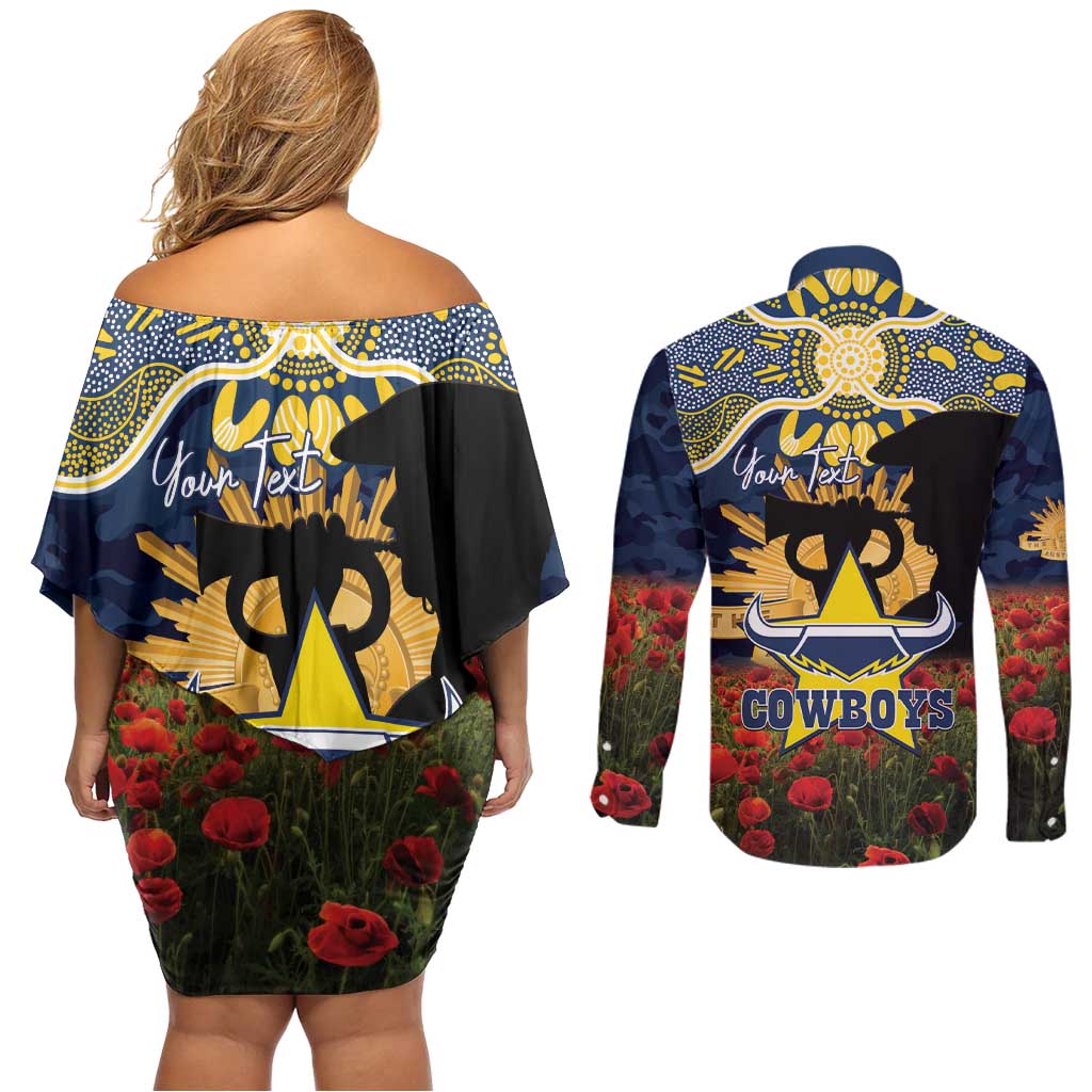 Personalised Cowboys Rugby ANZAC Day Couples Matching Off Shoulder Short Dress and Long Sleeve Button Shirt Last Post Poppy We Will Remember Them