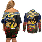 Personalised Cowboys Rugby ANZAC Day Couples Matching Off Shoulder Short Dress and Long Sleeve Button Shirt Last Post Poppy We Will Remember Them