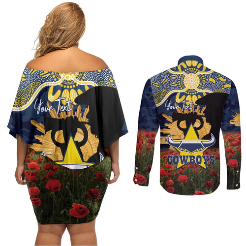 Personalised Cowboys Rugby ANZAC Day Couples Matching Off Shoulder Short Dress and Long Sleeve Button Shirt Last Post Poppy We Will Remember Them