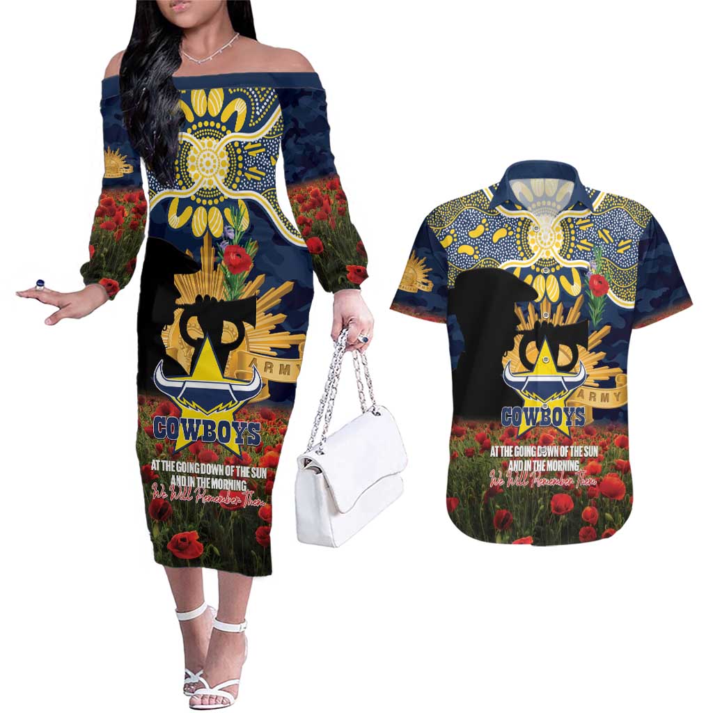 Personalised Cowboys Rugby ANZAC Day Couples Matching Off The Shoulder Long Sleeve Dress and Hawaiian Shirt Last Post Poppy We Will Remember Them
