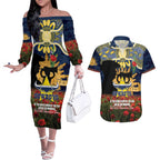 Personalised Cowboys Rugby ANZAC Day Couples Matching Off The Shoulder Long Sleeve Dress and Hawaiian Shirt Last Post Poppy We Will Remember Them